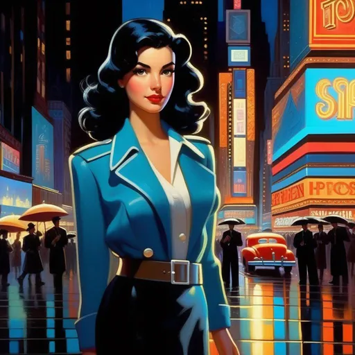 Prompt: Third person, gameplay, Italian-American girl, pale olive skin, black hair, brown eyes, 1940s, Times Square at night, neon, rain, blue atmosphere, cartoony style, extremely detailed painting by Greg Rutkowski and by Henry Justice Ford and by Steve Henderson 

