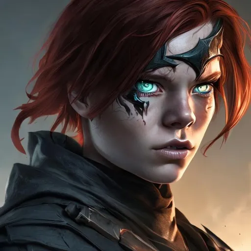 Prompt: A female with medium length red hair and blue eyes that looks like a vigilante in arcane
