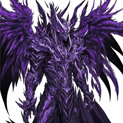 Prompt: I need a half god half demon humanoid thunder using only black white and purple tones, with huge wings and bird face