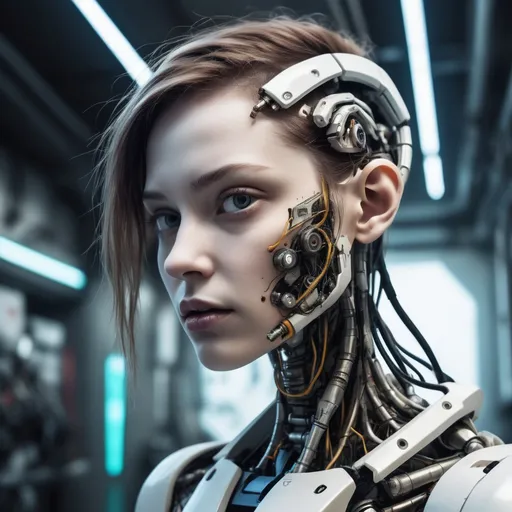 Prompt: a woman with inplants in her head and face and a robotic arm , pale, sickly complexion, cybernetic, cyberpunk art