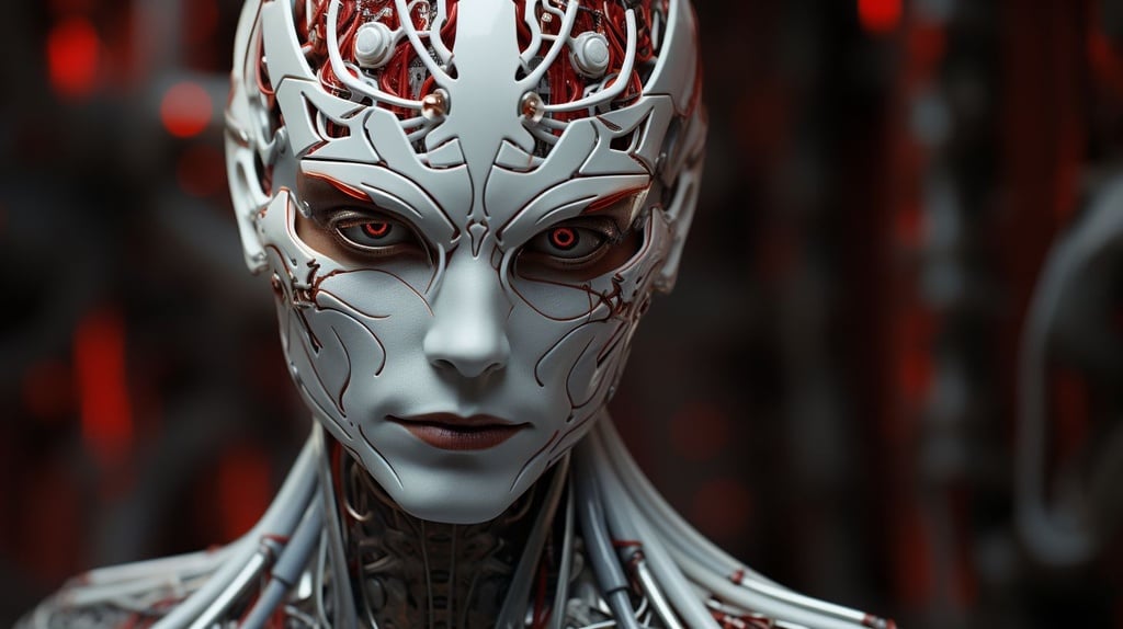 Prompt: a computer generated portrait of a man with lines on his face, in the style of cybernetic surrealism, silver and red, daz3d, ornate complexity, mind-bending sculptures, striking symmetrical patterns, robotic motifs