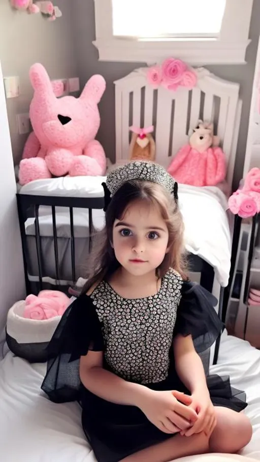 Prompt: A cute little girl sitting in a bed with black dress