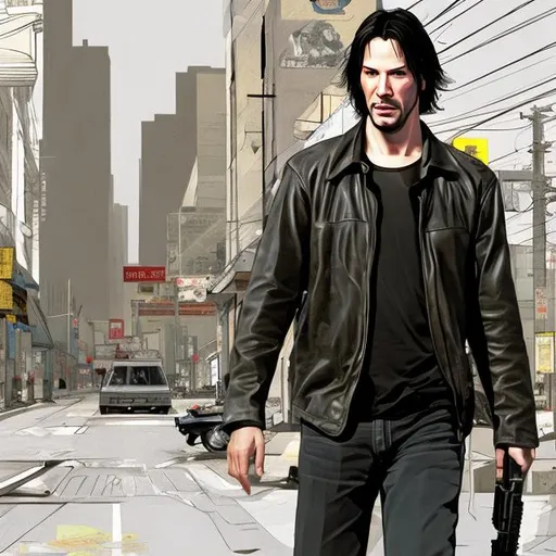 Prompt: young Keanu Reeves in gta iv concept art