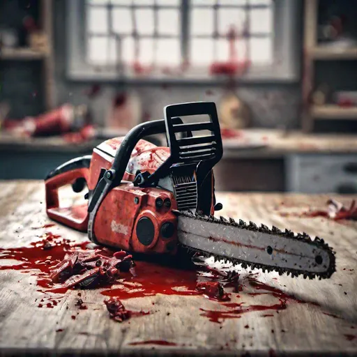 Prompt: bloody chainsaw on a table, 4k
