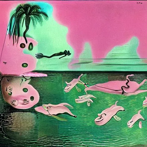 Prompt: Salvador Dali painting in shades of pink and lime green, pink sharks, swimming, underwater