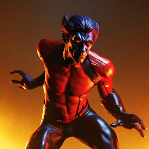 Prompt: Nightcrawler of the X-Men in his black and red outfit from the comics, yellow background, warm spotlights, from different angles, studio lighting, action shot, 4k render, cover art. 