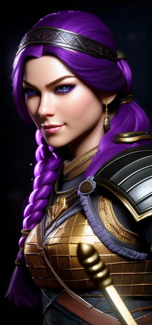 Prompt: create most beautiful fictional female viking warrior, she has dark purple hair, black gear, gold armor, holding an axe, dark purple hair, light blue eyes, subtle smile, one braid, extremely detailed environment, detailed background, intricate, detailed skin, professionally color graded, photorealism, 8k, moody lighting