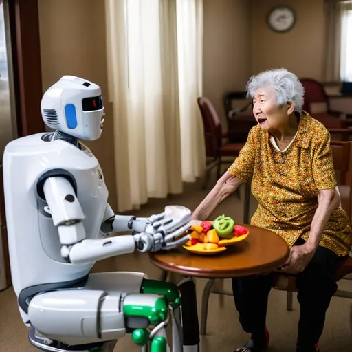 Prompt: old women being fed by AI robot in a nursing home. full body