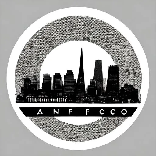 Prompt: san francisco iconic city skyline graphic logo on white background, city skyline silhouette contained inside an empty white blank space in the middle of the circle featuring the outer edge of the silhouette of the realistic san francisco city skyline, black and white, minimalist, in the style of a charcoal drawing, made by david mellen and by james jean