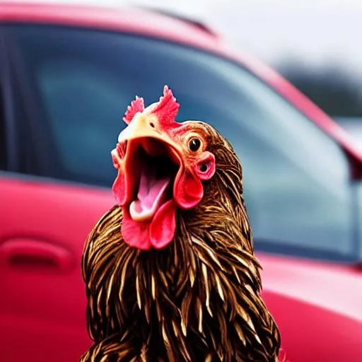 Prompt: A chicken screaming at a car