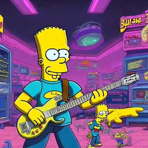 Prompt: Bodybuilding Bart Simpson playing guitar for tips in a busy alien mall, widescreen, infinity vanishing point, galaxy background