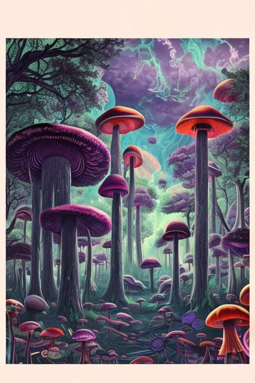 Prompt: Trippy dimension. Green oak trees. large red and purple mushrooms. Floating land. Sky scrappers. Technology blending with nature