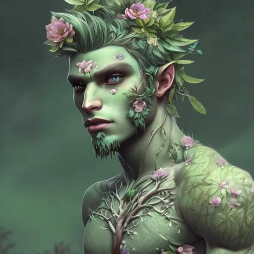 Prompt: male dryad, pastel green skin, flowers growing from skin, nature decal on skin, high detail, magical, pastel colors, high fantasy