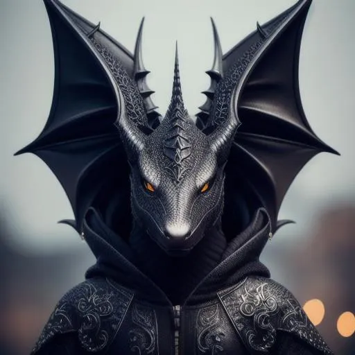 Prompt: Black dragon wearing a hoodie, perfect composition, hyperrealistic, super detailed, 8k, high quality, trending art, trending on artstation, sharp focus, studio photo, intricate details, highly detailed, fairy lights, brokeh, gothic