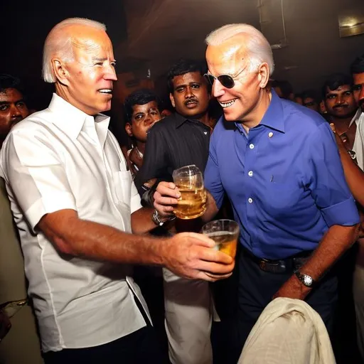 Prompt: Joe biden getting drunk and wild on a crazy night out in india