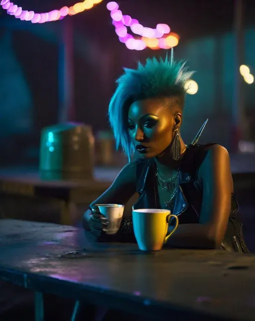 Prompt: A darkly beautiful woman in punk rock fairy attire sits alone at a table in an abandoned industrial wasteland, neon lights in the distance. She sips tea poured into a cracked cup. Shot at night with a 35mm lens on Lumix S5. Gritty, desolate, surreal.