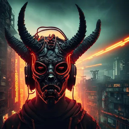 Prompt: Demon, horns, mask, headphones, hoodie, cyberpunk apocalypse, fire , sci fi, ruins, blood, midnight, 8k, highest quality, orange green black grey orange, sharp focus, studio photo, intricate details, highly detailed, UHD, HDR, 8K, ((Masterpiece))