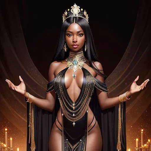 Prompt: beautiful and elegant obsidian Goddess (skinny black skinned fashion model) with obsidian hair and with cute face, show full body, heavily jeweled face and crown, plunging neckline,  transparent background, perfect composition, hyperrealistic, super detailed, 8k, high quality, trending art, trending on artstation, sharp focus, studio photo, intricate details, highly detailed, by greg rutkowski and BD Zhandt