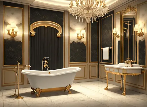 Prompt: wallpaper of luxury bathroom, octane render, 8k, uhd