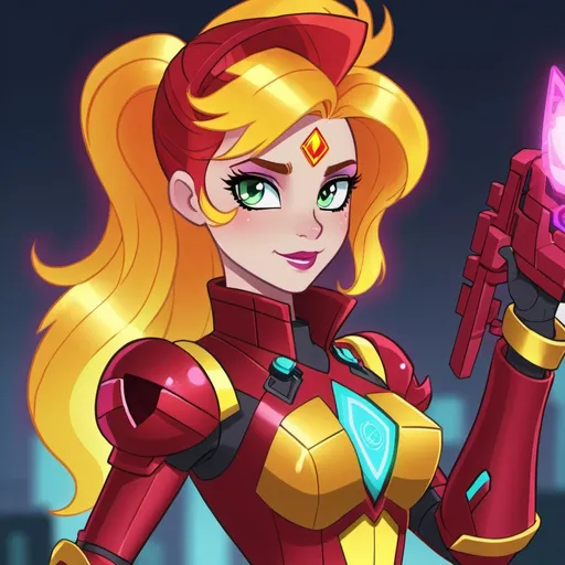 Prompt: Cyberpunk Equestria girls sunset shimmer wearing glowing armor