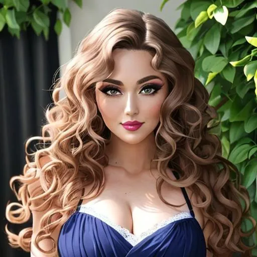 Prompt: An attractive 35 year old woman with very curly hair, elegant, modern, stylish makeup