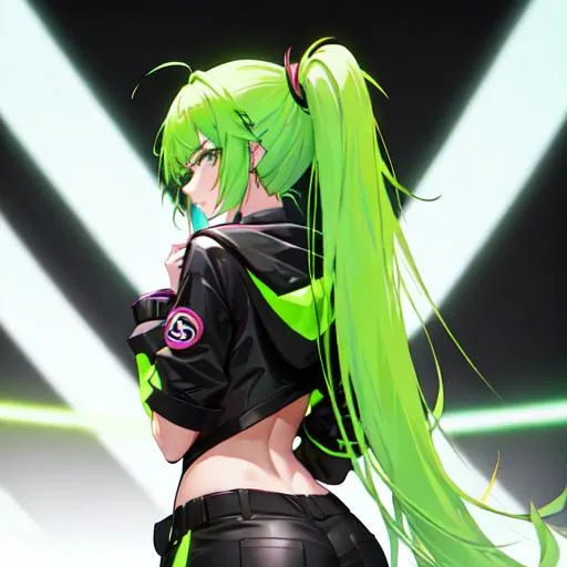 Prompt: She has a long, distinctive neon-green and neon red ponytail that comes out from behind her hood, and her bangs are dyed pink
