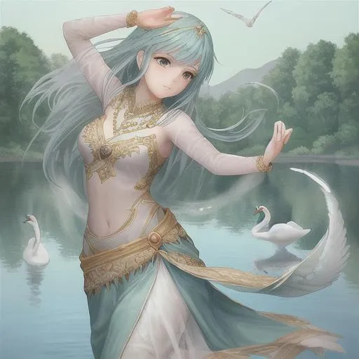 Prompt: A beautiful girl dancing by an enchanting magic lake along with elegant swans and beautiful birds flying as she dances gracefully on the lake

