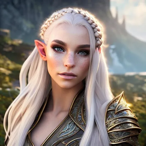 Prompt: hyper-realistic, 8k Ultra-realistic female elf, light blonde hair, Divine Cleric, dungeons and dragons cleric class, green eyes, light tan, long hair, braids in hair, light freckles on cheeks, natural makeup, leather armour, revealing armour, elven city in the background, divine magic, beautiful face, angelic magic, wings, flowers in hair, silver in hair, gold in hair, elven female, fantasy, elf ears, natural appearance, magic in hands, natural skin, healthy skin, 8K resolution, UHD, Ultra realistic, natural lighting, cinema lighting, super fine detail, high quality, fine-tune, hair jewellery, realistic, ultra-high resolution, composition, focused, in the frame.