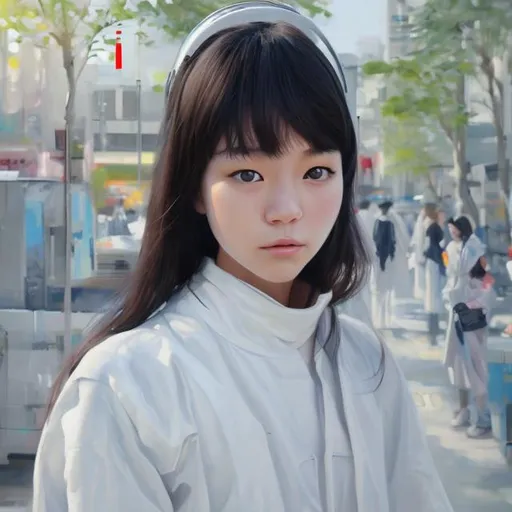 Prompt: Korean girl with white futuristic clothes hiper-realistic oil paint                           