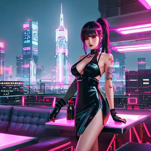 Prompt: Cyberpunk style, beautiful Korean standing cyberpunk rooftop, wearing a short v-cut black dress with leg slip, tatoos, rooftop bar setting, glass tables with wine bottles, red soft couches, hologram dancers, moonlight, young, wearing gloves, neon fishnets, seductive face, red district lights, symmetrical face, head shot, 4k
