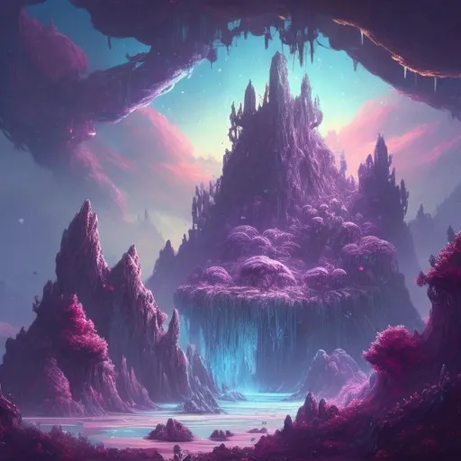 Prompt: Highly detailed video game level design, Fantasy planet landscape with ship and moon, clouds, stars, planets, waterfalls, nebulae, mystical, purple, pink, blue, trending on artstation, beautiful, colorful, fantasy art, digital painting, hyperrealism, hyperdetailed, landscape, photorealistic, psychedelic, radiant,  vibrant, Has trees and an island, abandoned ship, has a mountain in the background, simple layout, full shot