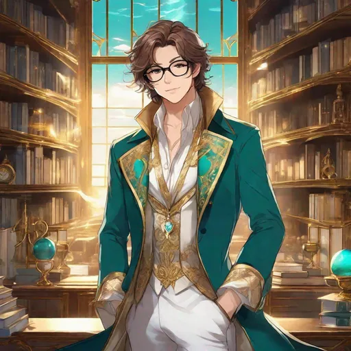 Prompt: Third person, gameplay, high quality, feminine man, shoulder length wavy brown hair, brown eyes, glasses, extravagant magical turqoise coat with gold trim, white dress pants, diamond motif, glasses, gold timepiece on wrist, gloves, cool atmosphere, magical laboratory with high bookshelves and a window overlooking the ocean, cool atmosphere, anime style, manga style, Studio Ghibli, extremely detailed print by Hayao Miyazaki, 