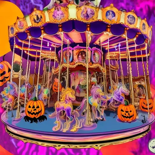 Prompt: Halloween carousel in the style of Lisa frank