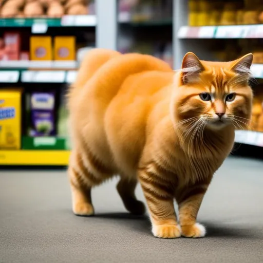 Prompt: 4k resolution, highly detailed pictures, perfectly drawn object, A photo of one fluffy ginger cat walking in the middle of the supermarket