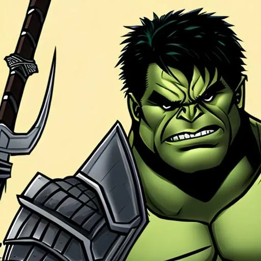 Prompt: incredible hulk wearing battle armor and wielding a battle axe comic art style