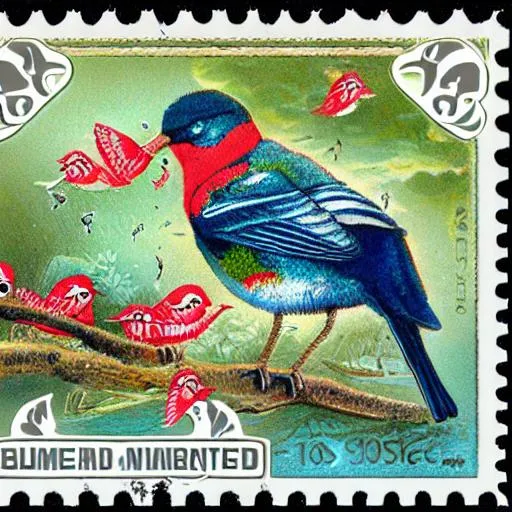 Prompt: a postage stamp with birds