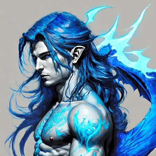 Prompt: Big Blue Dragon wings on an elf man with long Azure hair and fire