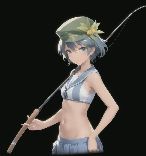 Prompt: anime opening Full-body detailed masterpiece, fantasy, high-res, quality upscaled image, perfect composition, blue moonlight background. An unbelievably beautiful and cheerful woman who loves fishing. She has olive green hair and a tan skin tone. She wears a hat decorated with flowers. She has a sailor's outfit and is smiling while holding a fishing rod.