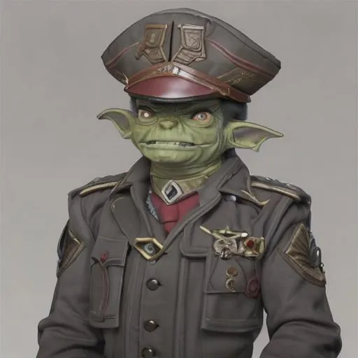 Prompt: a communist goblin Soldier. The goblin soldier would be a green skin goblin. His ears are like elf ears, and they would have sharp and pointy teeth, as well as red-tinted eye iris. His uniform may feature hammer and sickle symbols, representing their communist beliefs. The goblin soldier uniform would likely be adorned with various medals and badges, indicating their rank and achievements. The soldier is wearing a military helmet.