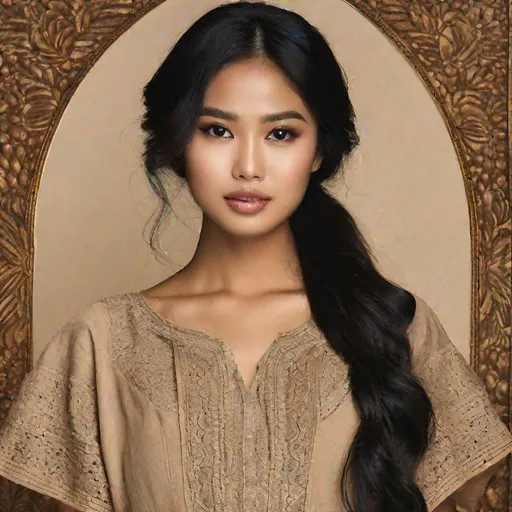 Prompt: (portrait photograph), pretty young Indonesian woman, 25 year old, (round face, high cheekbones, almond-shaped brown eyes, epicanthic fold, thick black hair, small delicate nose, slightly flattened nose bridge, wide nasal base, full luscious lips, mole on top lip, light tan skin), masterpiece, intricate detail