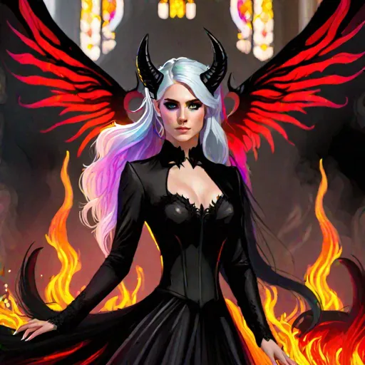 Prompt: Haley  as a demon horse hybrid (bright multi-color hair) (multi-color eyes) wearing a black wedding dress (demon tail) (black demon wings) standing at the altar in hell