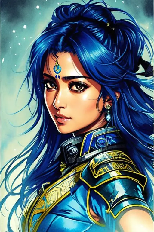 Prompt: (((Yoji Shinkawa))), sticker of ultra detailed portrait of Sadaf Mohammed Sayed  (Indian actress who mainly appears in Telugu, Tamil, and Kannada films)in dark blue holy armor, canon hand, blue long hair, high quality cell shaded illustration in post apocalyptic style by Yoji Shinkawa, ((full body portrait)), dynamic pose, perfect anatomy, centered, freedom, soul, blue long hair, approach to perfection, cell shading, 4k , cinematic dramatic atmosphere, watercolor painting, global illumination, detailed and intricate environment, artstation, concept art, fluid and sharp focus, volumetric lighting, cinematic lighting, Art by Yoji Shinkawa,