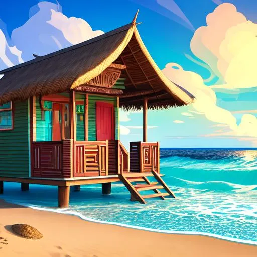 Prompt: Beach hut, tiki, intricate details, aesthetically pleasing, island style, woodcut, far view, scenic, waves, hd, 4k, digital art, dotted art, clean lines, print dots, grain