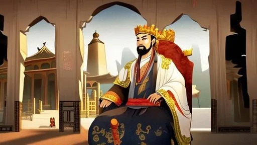 Prompt: Chinese king sitting on his throne with ancient Persian buildings in the background with  cartoon style