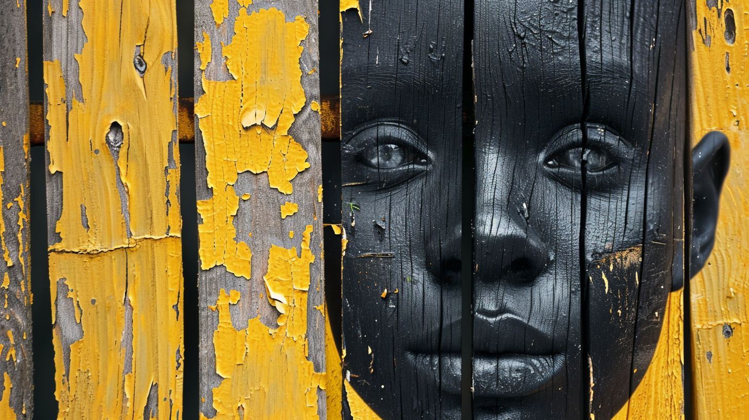 Prompt: black wooden texture face emerge from the yellow paint