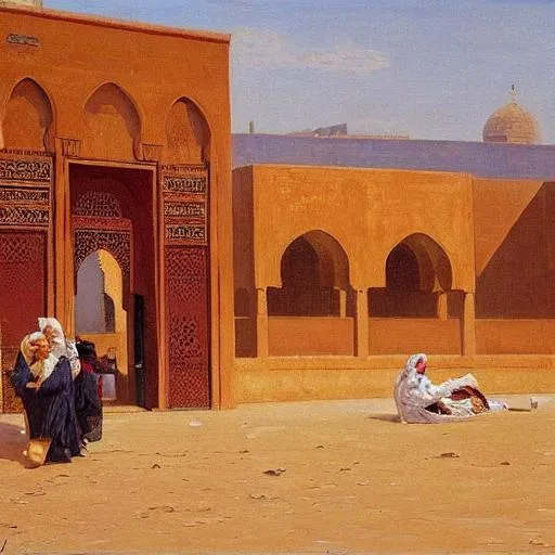 Prompt: painting of marrakech by a shimmering beach in Osman Hamdy-Bey style