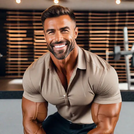 Prompt: Professional photoshoot of a pretty, beautiful, muscular, tan, daddy, wearing a short-sleeve button-up shirt, flexing, small nose, hyperdetailed {symmetrical eyes}, {defined shredded musculature, broad shoulders}, bright smile, center frame, light, intricate detail, best quality, uhd, 8k