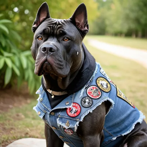 Prompt: Cane Corso wearing a heavy metal music denim vest with patches