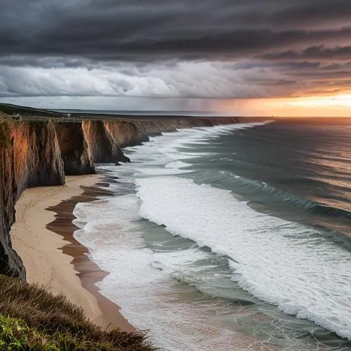 Prompt: extreme Far shot back view, panorama view, an extremely  very stormy beach with high  violent crashing waves, the back view of a  galloping horse racing away down the beach, in very stormy weather, sunset and stormy clouds, violent crashing waves, rainy storm.