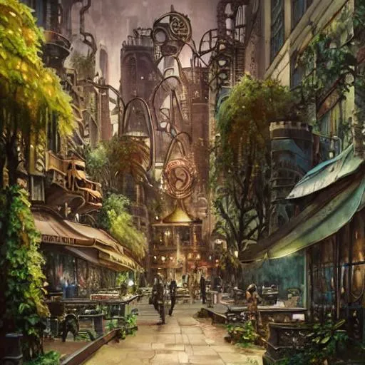 Prompt: a painting of a steampunk, art - deco cityscape, steampunk, surrounded by vegetation, watercolor and matte painting by magali villenueve and mandy jurgens and charlie bowater, cgsociety, artdeco, utopia art, sci - fi, artstation hq